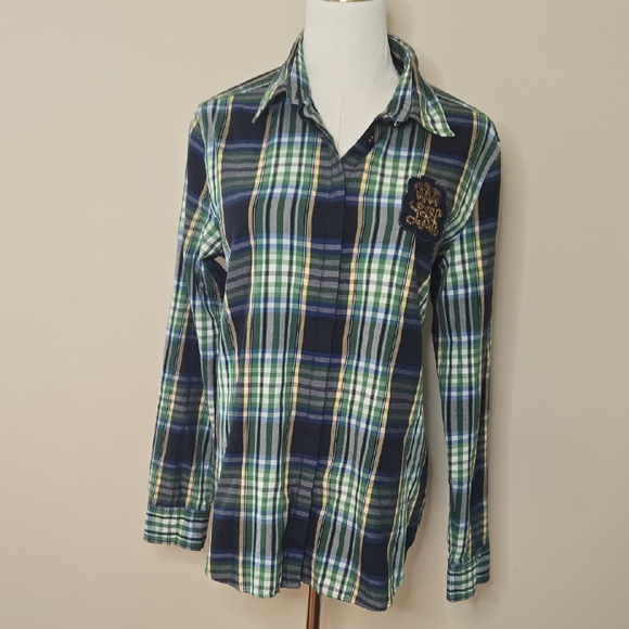 Lauren Ralph Lauren Plaid Button Down Shirt Long Sleeve 100% Cotton Preppy L - Picture 1 of 12